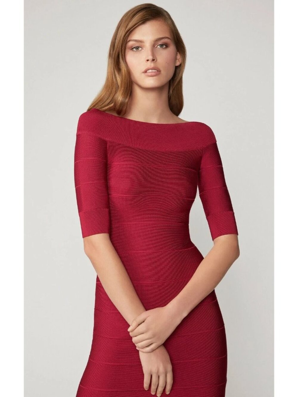 Herve Leger Paris Dress Sz M Dark Maroon Off-Shoulder Flare Bandage New Tag $990